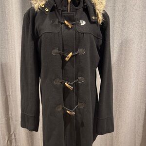 Alpine Swiss Black Trench Coat with Faux Fur Hood